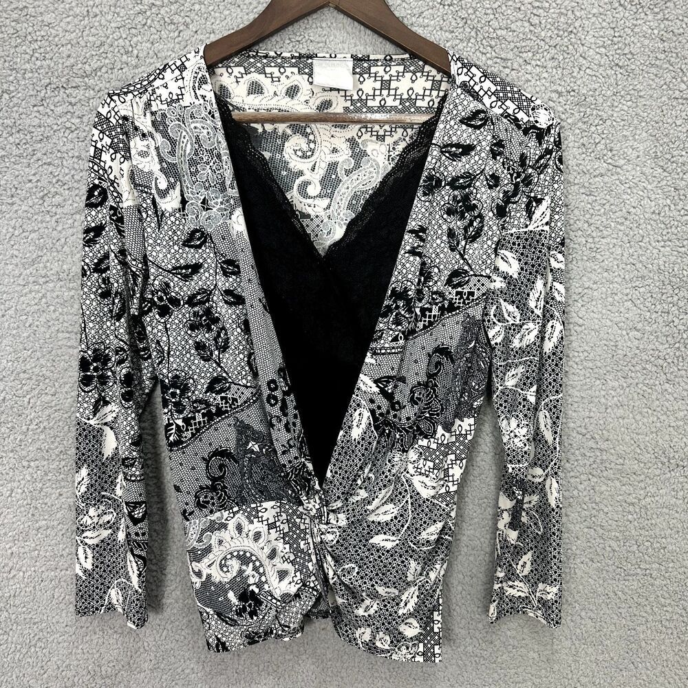 Tailor B. Moss Top Women Medium Black White Paisley Lace Faux Wrap Knot Front